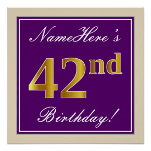 Poster Elégant, pourpre, Faux Gold 42e anniversaire + Nom