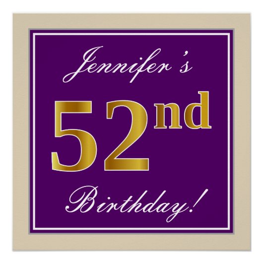 Poster Elégant, pourpre, Faux Gold 52e anniversaire + Nom (Devant)