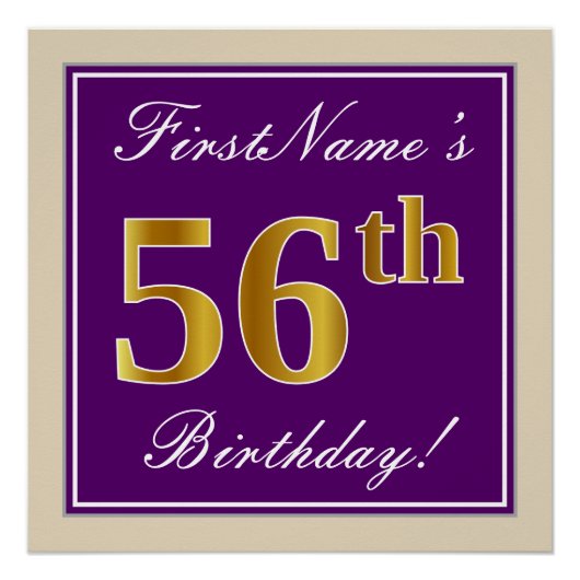 Poster Elégant, pourpre, Faux Gold 56e anniversaire + Nom (Devant)