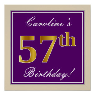 Poster Elégant, pourpre, Faux Gold 57e anniversaire + Nom