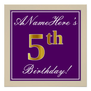 Poster Elégant, pourpre, Faux Gold 5e anniversaire + nom