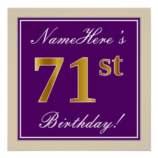 Poster Elégant, pourpre, Faux Gold 71e anniversaire + Nom (Devant)