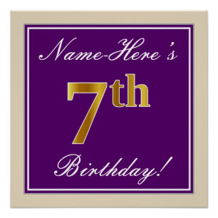 Poster Elégant, pourpre, Faux Gold 7e anniversaire + Nom