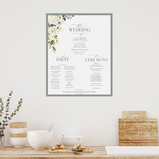 Poster Élégant programme d'aquarelle florale vert gris bl (Cuisine)