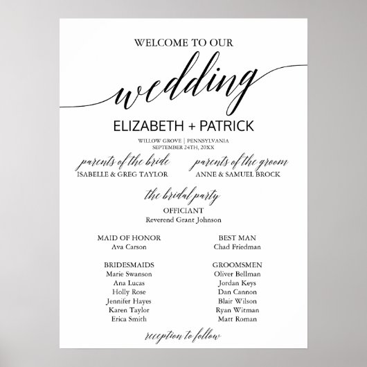 Poster Élégant programme de mariage de calligraphie noire (Devant)