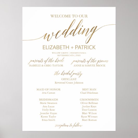 Poster Élégant programme de mariage de calligraphie or (Devant)