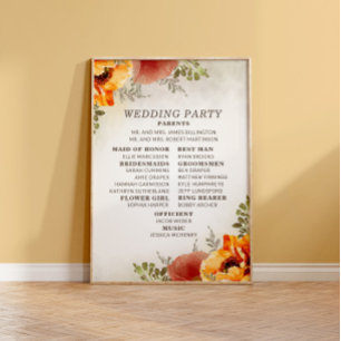 Poster Élégant programme de mariage floral orange brûlé
