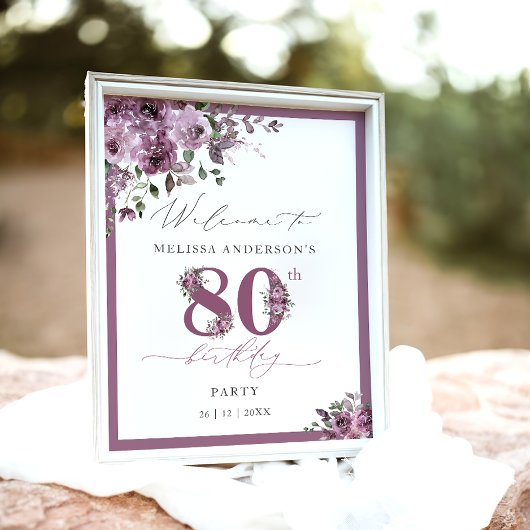 Poster Elegant Purple Floral 80th Birthday Welcome