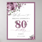 Poster Elegant Purple Floral 80th Birthday Welcome (Devant)