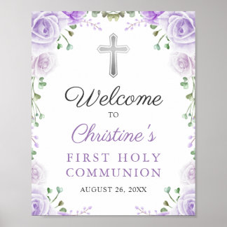 Poster Élégant Purple Floral Première Communion Sainte Bi