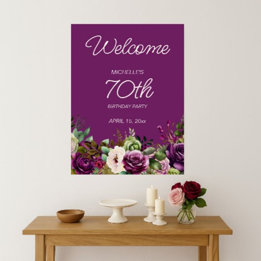 Poster Élégant Purple Rose Floral 70e anniversaire