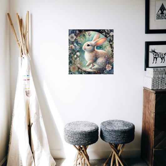 Poster Elégant Rabbit Art Nouveau En Cadre Floral Pâques