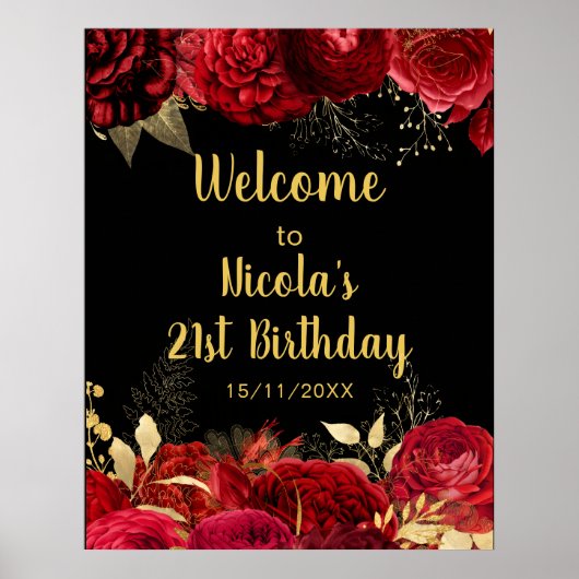 Poster Elegant Red and Gold Flowers Birthday Part Welcome (Devant)
