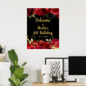 Poster Elegant Red and Gold Flowers Birthday Part Welcome (Bureau à domicile)