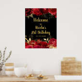 Poster Elegant Red and Gold Flowers Birthday Part Welcome (Cuisine)