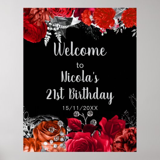 Poster Elegant Red and Silver Flowers Birthday Part (Devant)