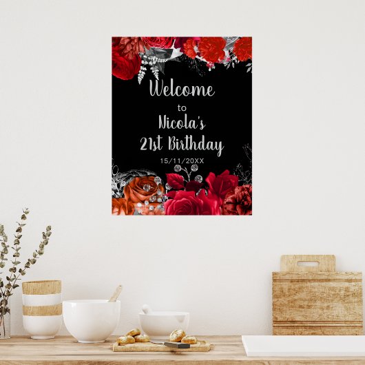 Poster Elegant Red and Silver Flowers Birthday Part (Cuisine)