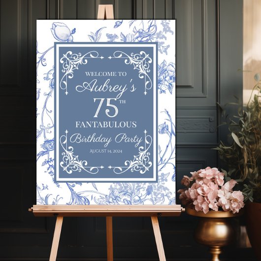 Poster Elegant Regency Bleu signe d'anniversaire fleuri