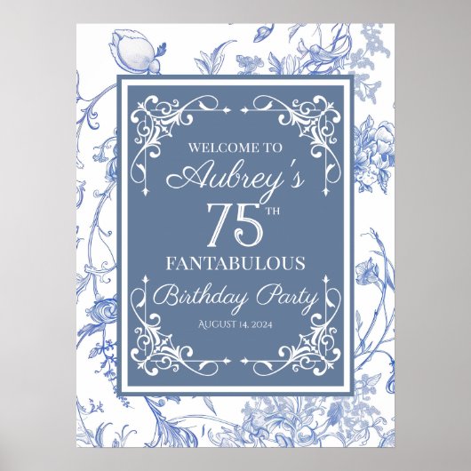 Poster Elegant Regency Bleu signe d'anniversaire fleuri (Devant)