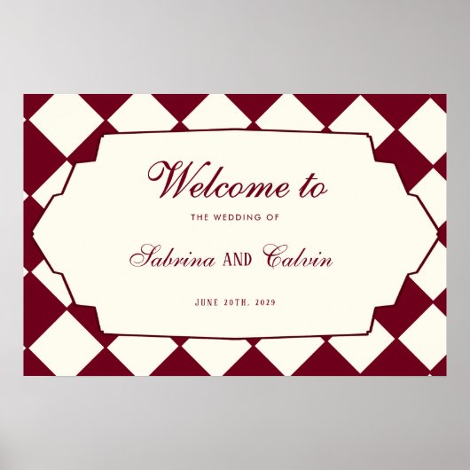 Poster Elegant Retro Checkered Burgundy Wedding Welcome (Devant)