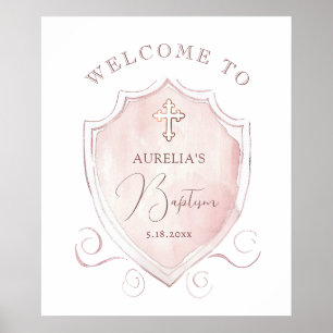 Poster Elégant rose Aquarelle Crest Baptism Bienvenue