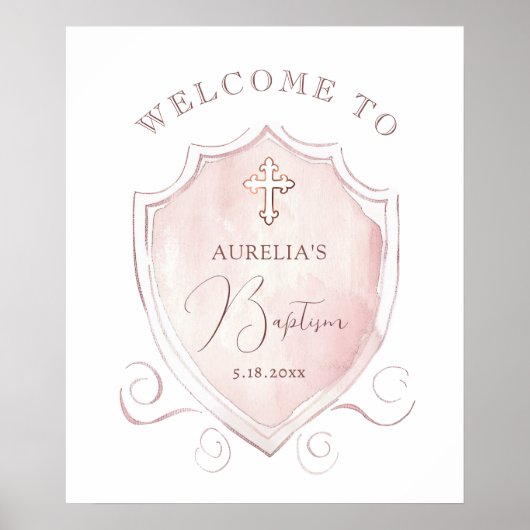 Poster Elégant rose Aquarelle Crest Baptism Bienvenue (Devant)
