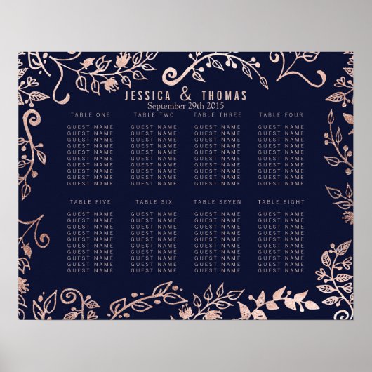 Poster Élégant Rose bleu marine Gold Floral Seating Chart (Devant)