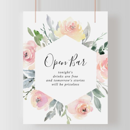 Poster Élégant rose Blush Floral Mariage Open Bar Sign
