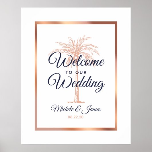 Poster Elégant Rose de la Marine Gold Palm Tree Mariage B (Devant)