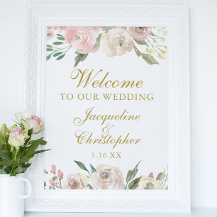 Poster Elégant rose Floral Gold Bienvenue à notre Mariage
