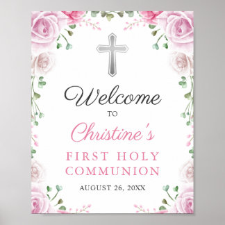 Poster Élégant rose Floral Première Communion Sainte Bien