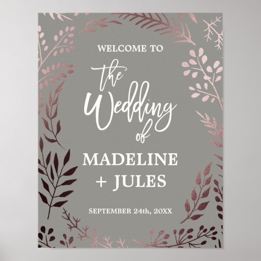 Poster Elégant Rose Gold et Grey Mariage Bienvenue (Devant)