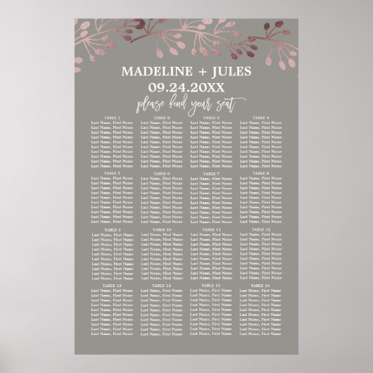 Poster Élégant Rose Gold et Grey Mariage Seating Chart (Devant)
