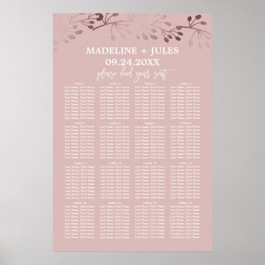 Poster Élégant Rose Gold et rose Mariage Seating Chart (Devant)