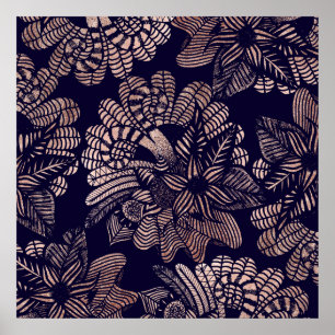 Poster Elégant Rose Gold Floral Dessins sur bleu marine