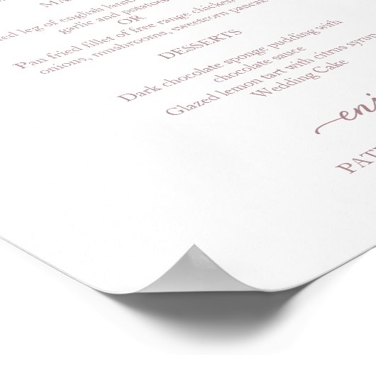 Poster Élégant Rose Gold Script Mariage Menu Signer (Coin)