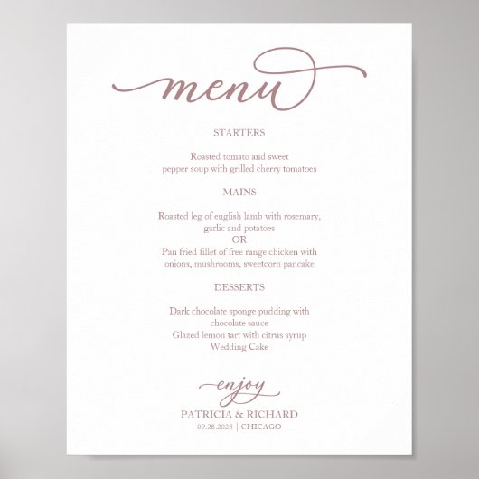 Poster Élégant Rose Gold Script Mariage Menu Signer (Devant)