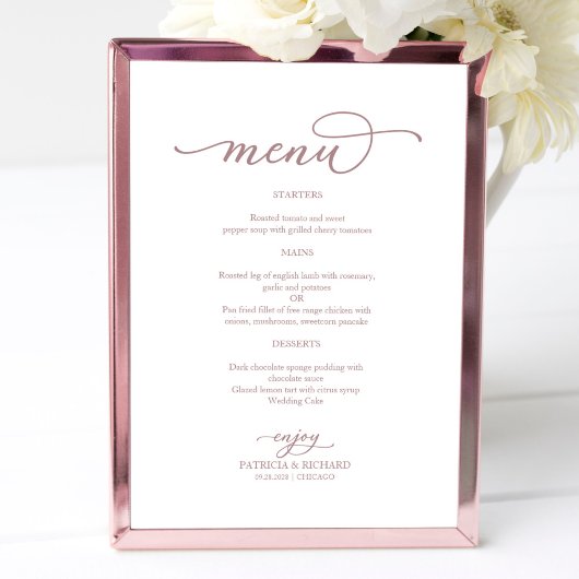 Poster Élégant Rose Gold Script Mariage Menu Signer