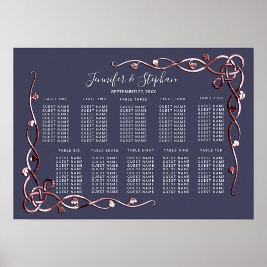 Poster Élégant Rose Gold Vines Marine Blue Seating Chart (Devant)