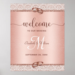 Poster Elégant Rose Monogramme Mariage or Bienvenue