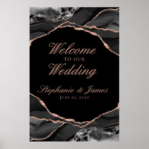 Poster Elégant Rose noir Gold Foil Agate Mariage Bienvenu