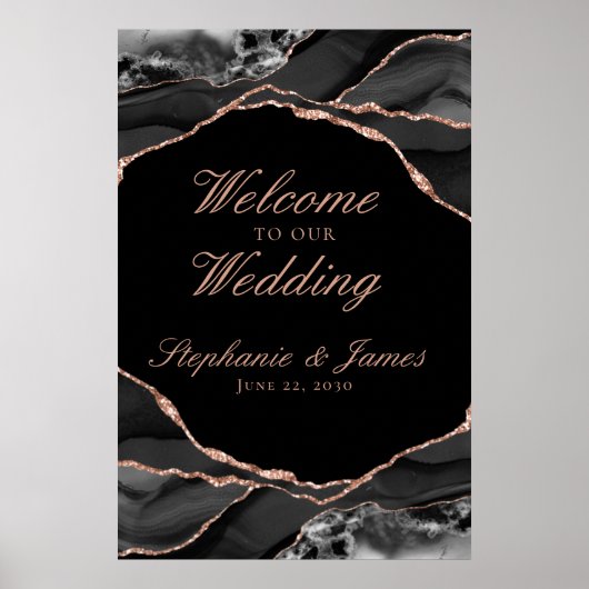 Poster Elégant Rose noir Gold Foil Agate Mariage Bienvenu (Devant)