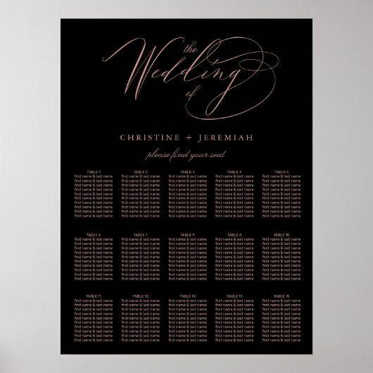 Poster Elégant Rose noir Gold Script Mariage Siège (Devant)