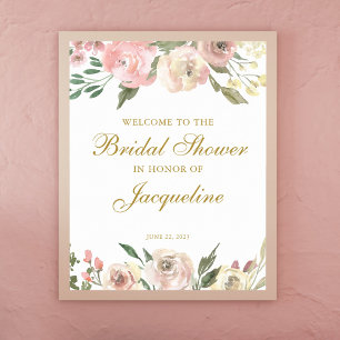 Poster Élégant rose poudré ivoire doré floral Baby Shower