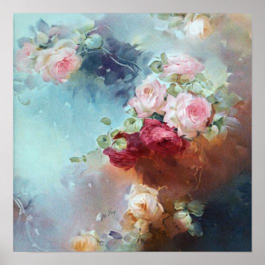 Poster Elégant rose Vintage Roses Aquarelle Peinture (Devant)