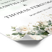 Poster Elégant Roses Blanches Verdure or mariage accueil (Coin)