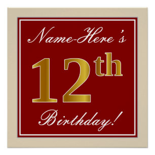 Poster Elégant, Rouge, Faux Gold 12e anniversaire; Nom pe