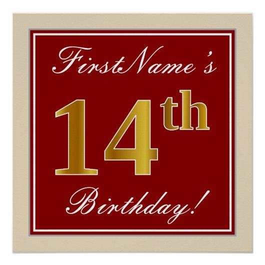 Poster Elégant, Rouge, Faux Gold 14e anniversaire; Nom pe (Devant)