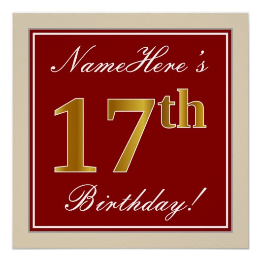 Poster Elégant, Rouge, Faux Gold 17e anniversaire; Nom pe (Devant)