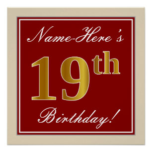 Poster Elégant, Rouge, Faux Gold 19e anniversaire; Nom pe